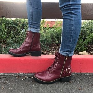 Wine vegan leather lace up combat moto boots✨